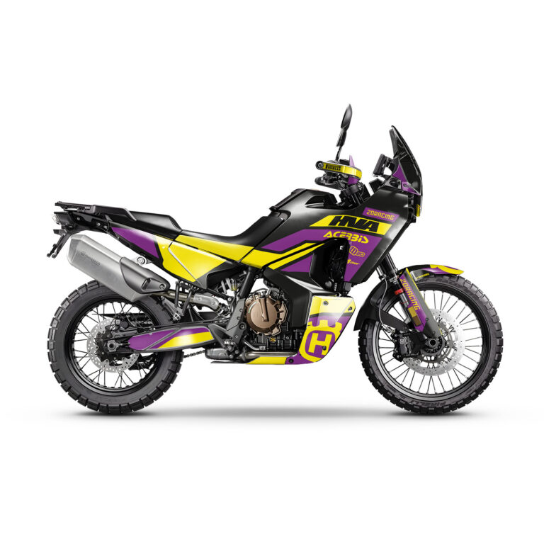 Vue de profil, d'un kit déco violet pour moto routière HVA NORDEN 901.