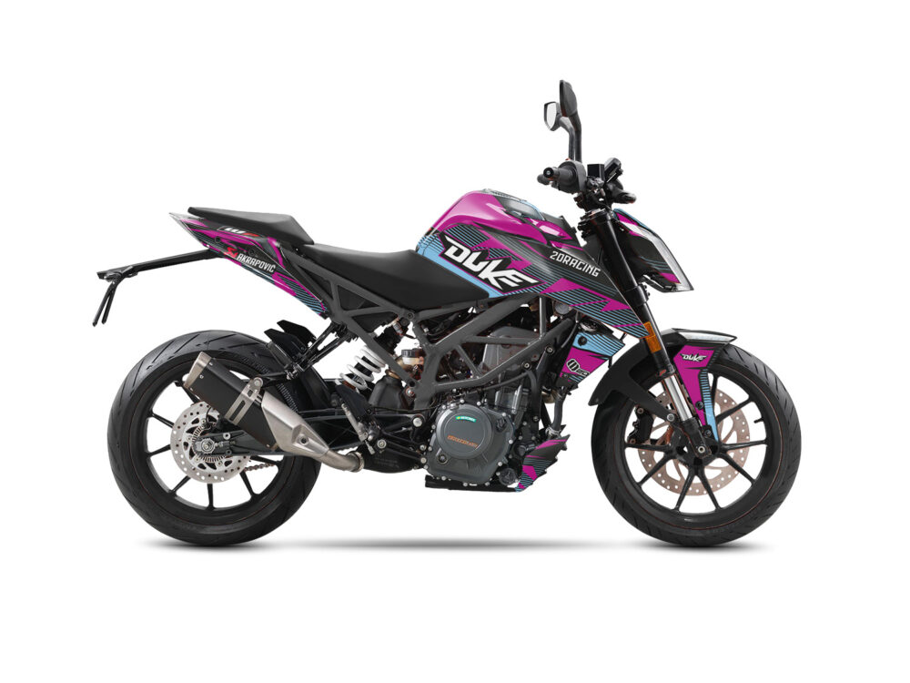Vue de profil, d'un kit déco violet pour moto routière KTM DUKE 390.