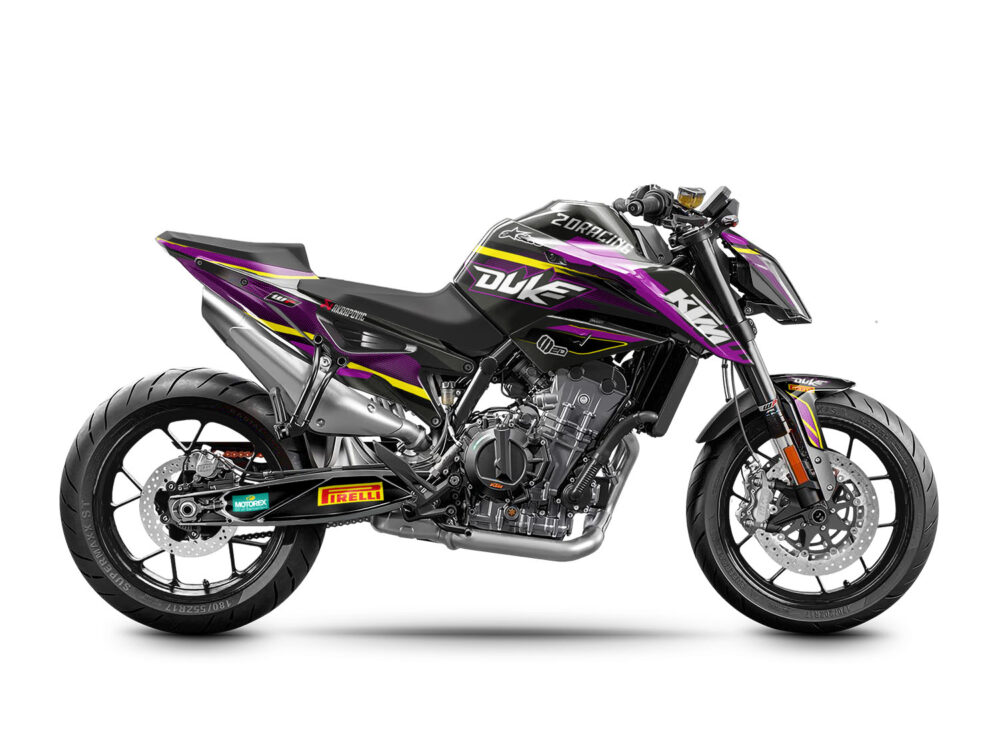 Vue de profil, d'un kit déco violet pour moto routière KTM 790 DUKE.