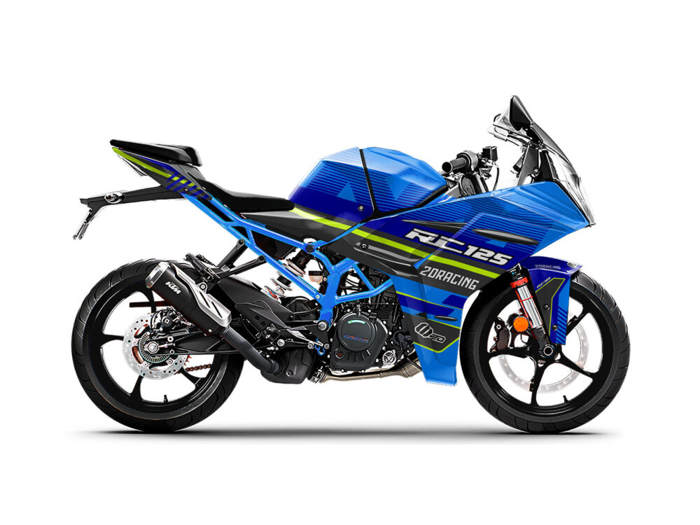 Vue de profil, d'un kit déco bleu pour moto routière KTM 125 RC.