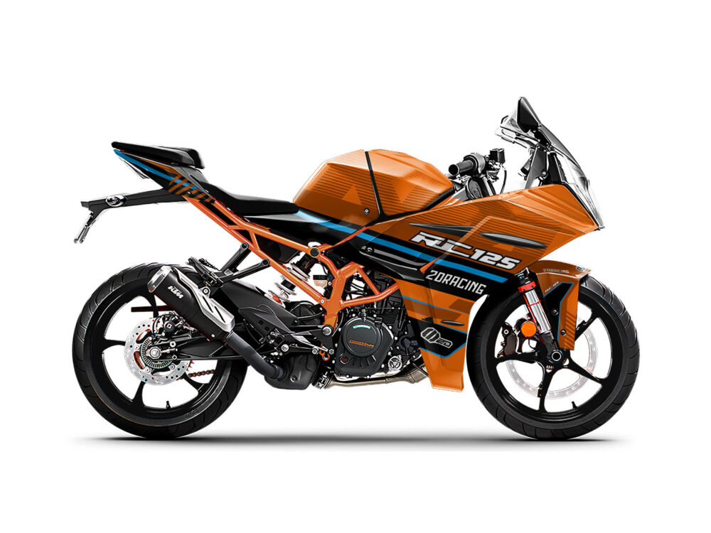 Vue de profil, d'un kit déco orange pour moto routière KTM 125 RC.