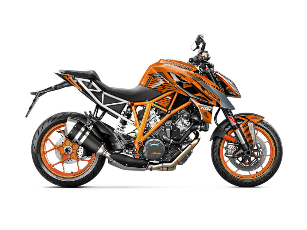 Vue de profil, d'un kit déco orange pour moto routière KTM SUPERDUKE 1290R.