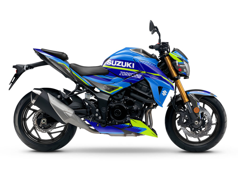 Vue de profil, d'un kit déco bleu pour moto routière HONDA GSX-S