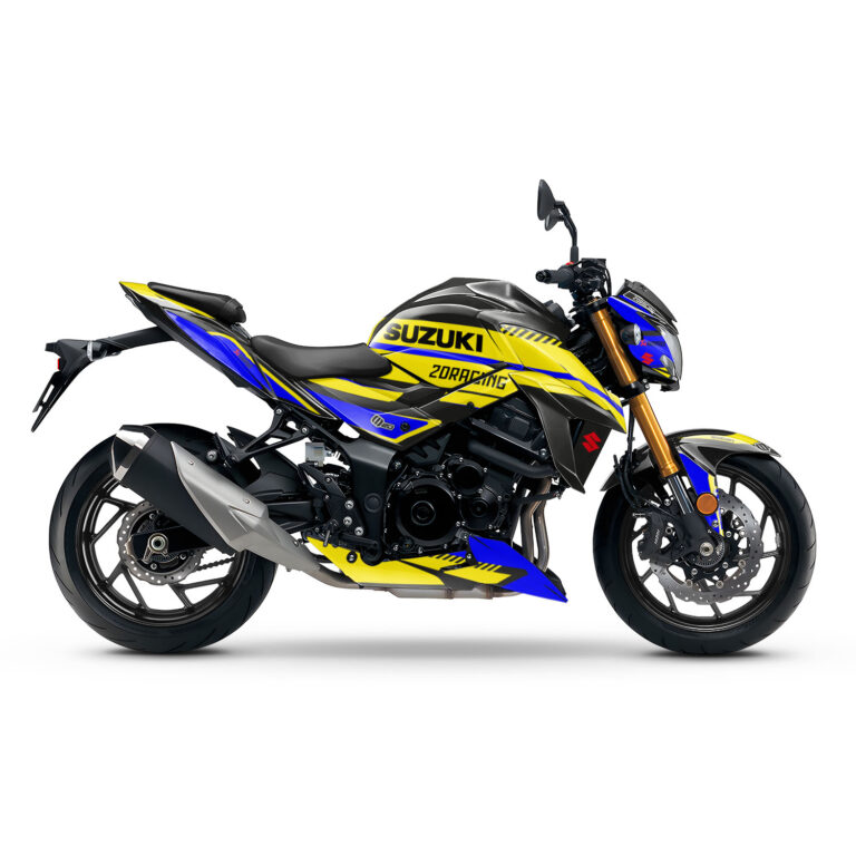 Vue de profil, d'un kit déco jaune pour moto routière HONDA GSX-S
