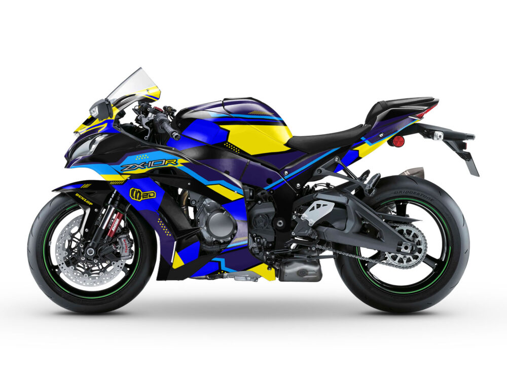Vue de profil, d'un kit déco bleu pour moto routière KAWASAKI ZX10R.
