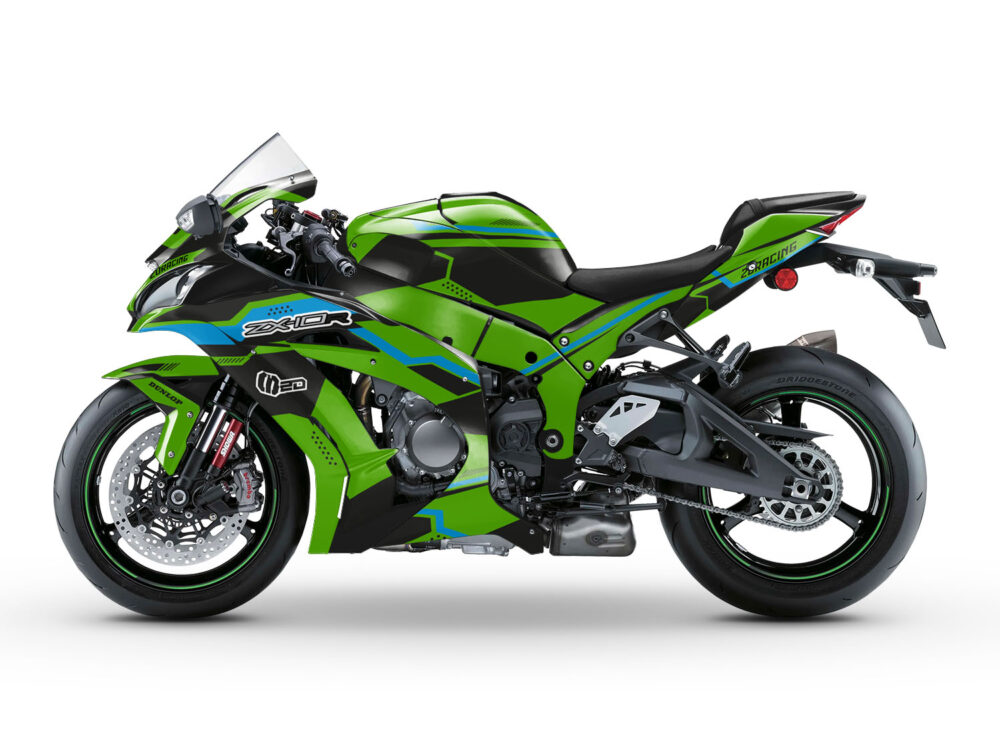 Vue de profil, d'un kit déco vert pour moto routière KAWASAKI ZX10R.
