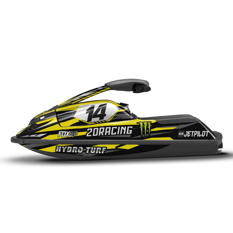 Vue de profil, d'un kit déco jaune pour jet ski YAMAHA superjet.