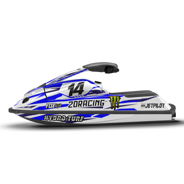 Vue de profil, d'un kit déco navy pour jet ski YAMAHA superjet.