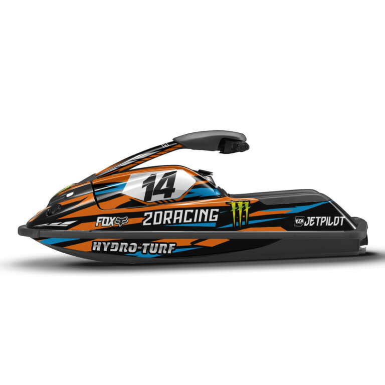 Vue de profil, d'un kit déco orange pour jet ski YAMAHA superjet.