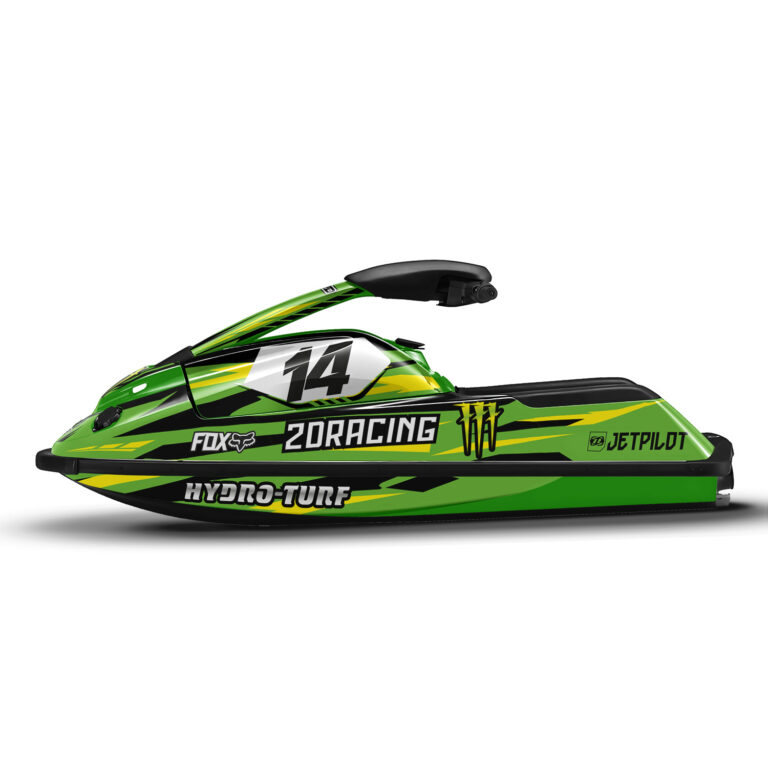 Vue de profil, d'un kit déco vert pour jet ski YAMAHA superjet.