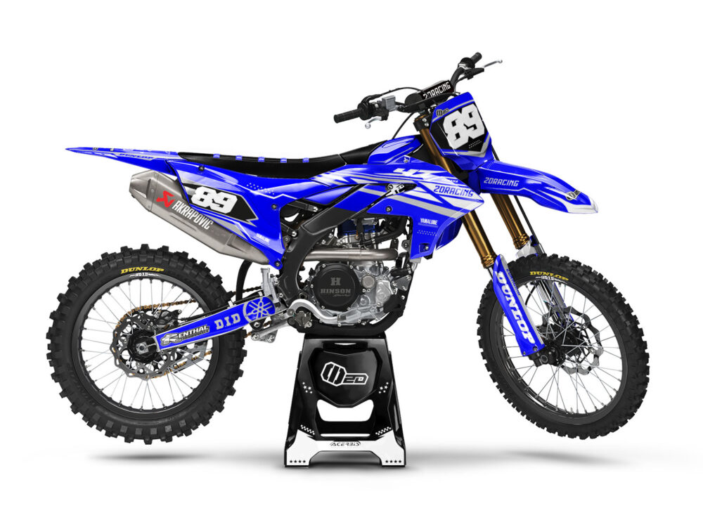Vue de profil, d'un kit déco bleu pour motocross YAMAHA YZF 250.