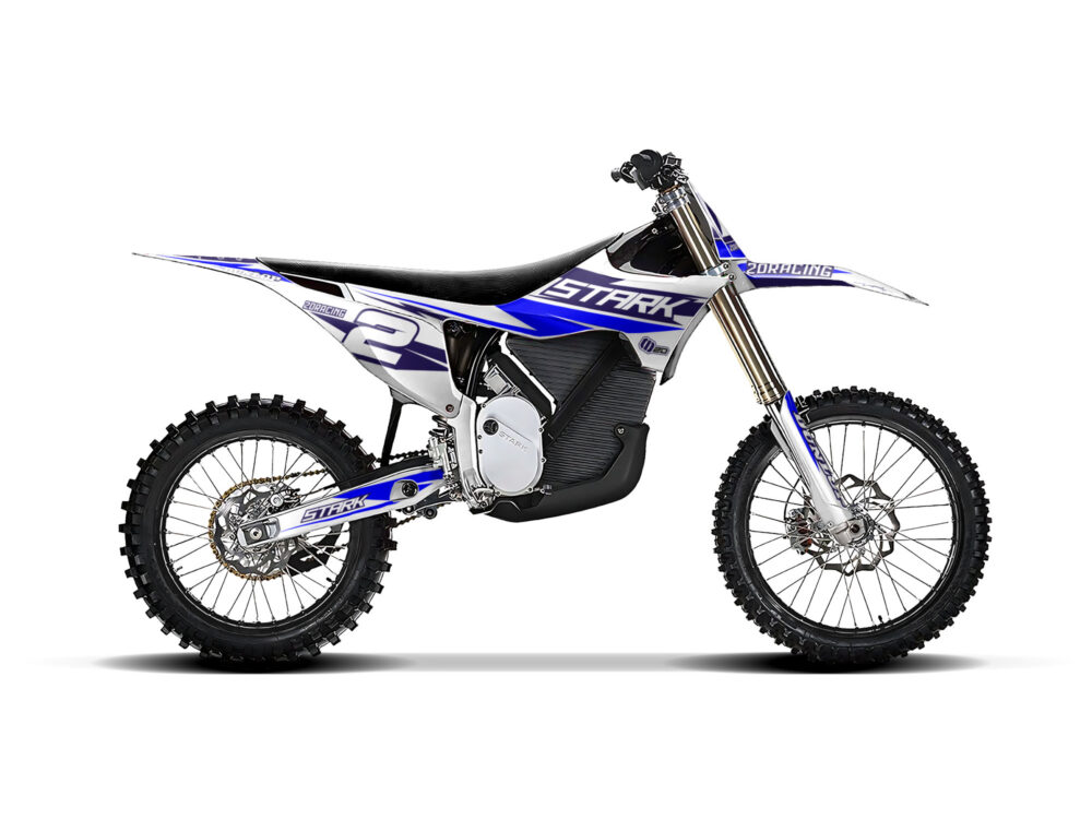 Vue de profil, d'un kit déco bleu pour moto électrique stark varg