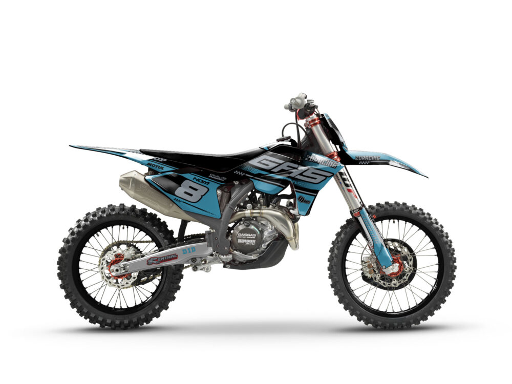 Vue de profil, d'un kit déco turquoise pour moto gasgas mc fc series 2024